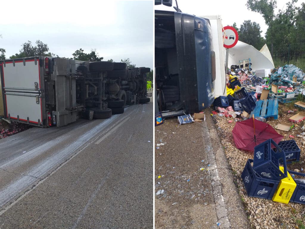 Vuelca un camión en la CM-2008 en Brihuega y resulta herido el conductor