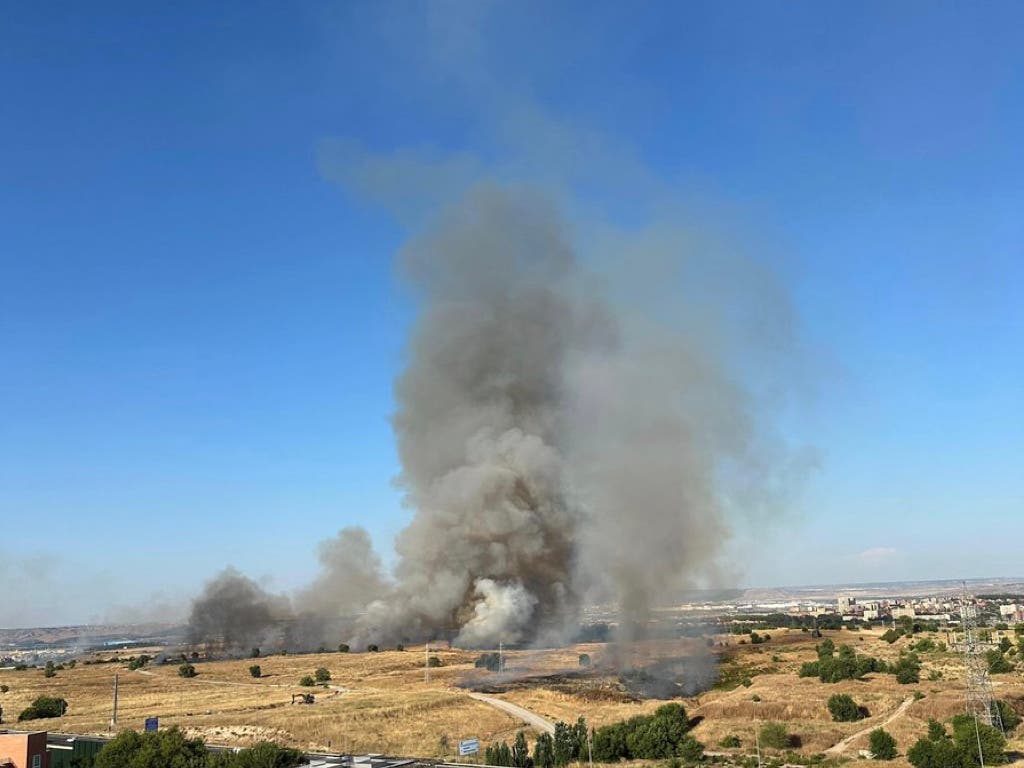Gran columna de humo por un incendio de pastos entre el Metropolitano y Coslada