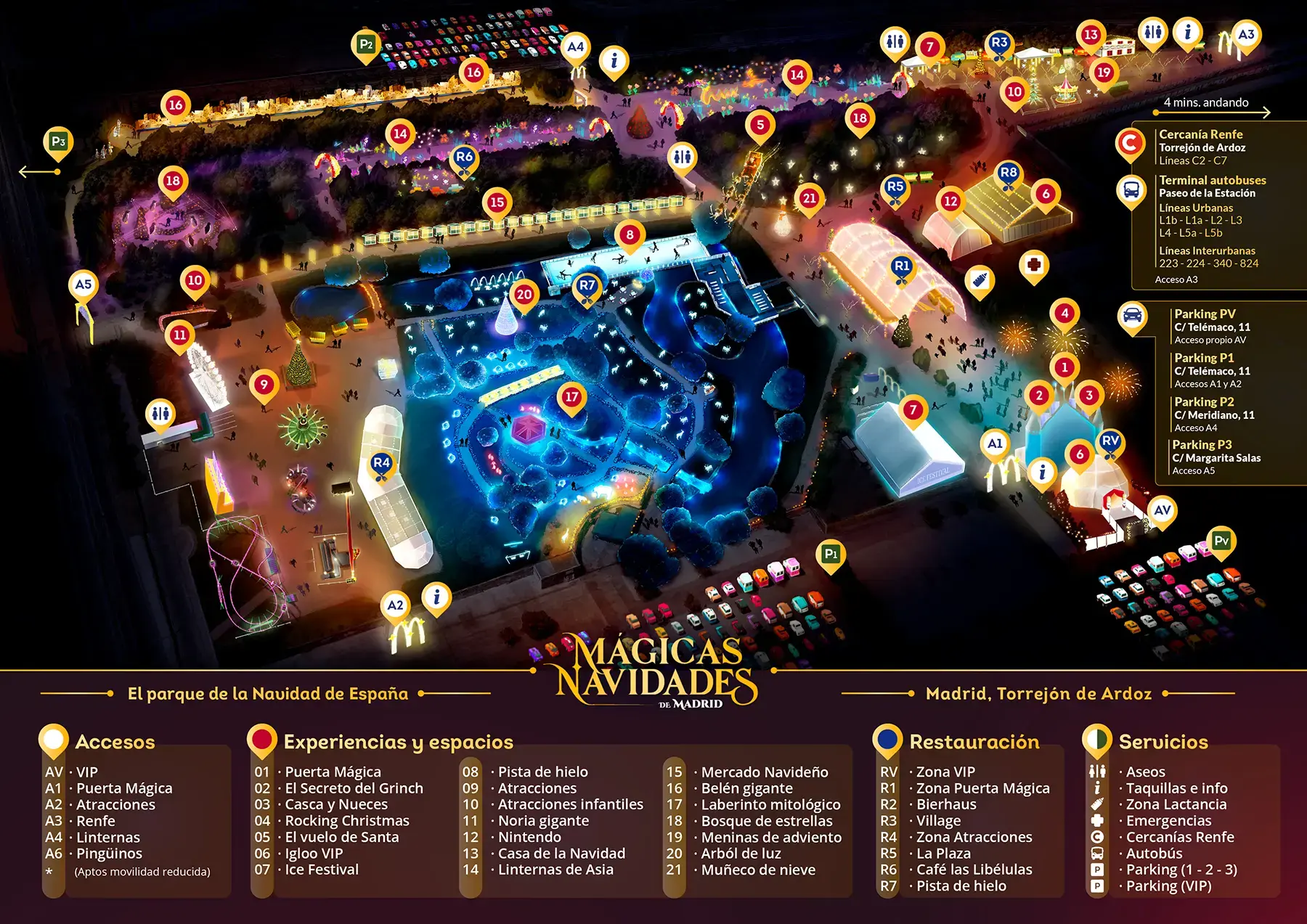 Mapa del Parque Mágicas Navidades en Torrejón de Ardoz con atracciones y accesos.