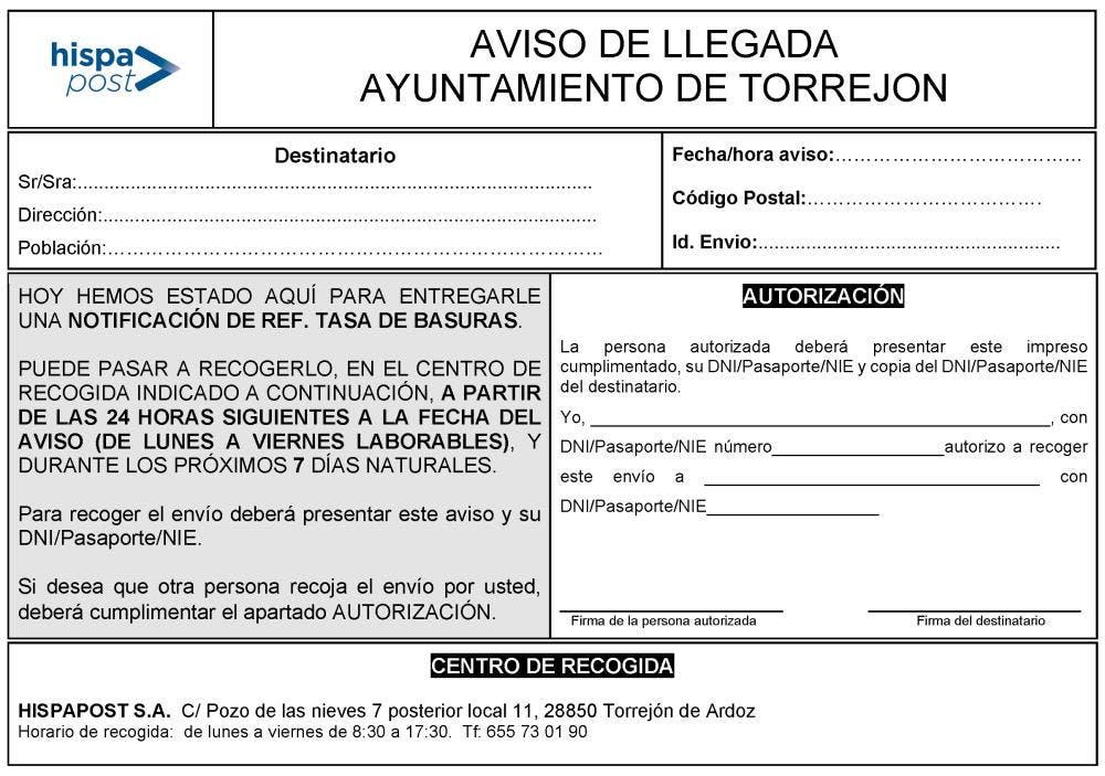 Aviso de llegada de la tasa de basuras en Torrejón de Ardoz