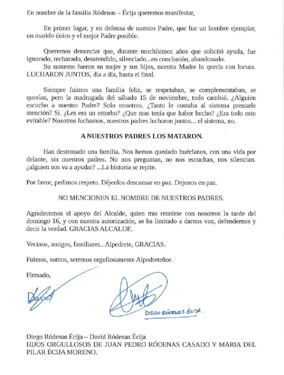 Carta de los hijos defendiendo a su padre tras tragedia familiar en Alpedrete.