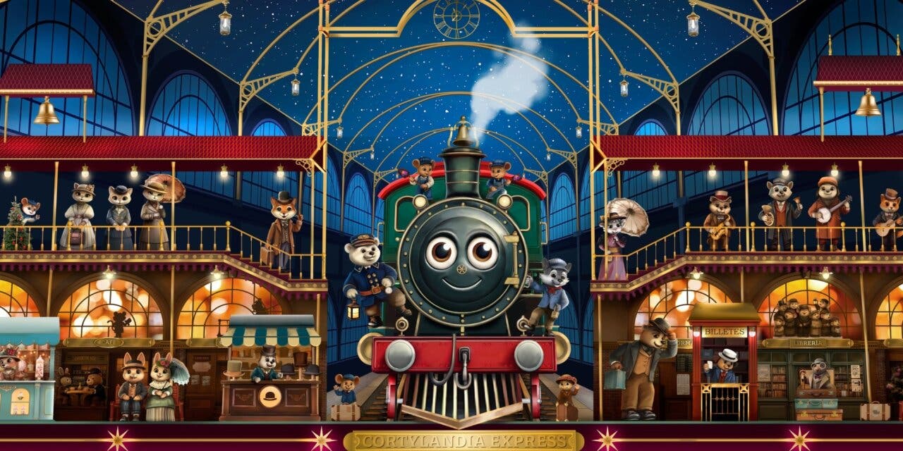 Escena navideña con tren y personajes animados en Cortylandia
