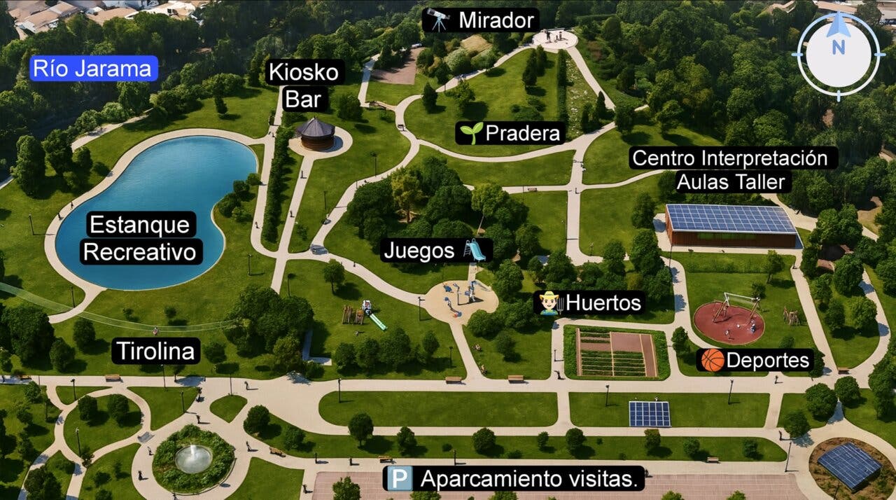 Mapa del Ecoparque del Jarama con diferentes áreas recreativas y educativas.