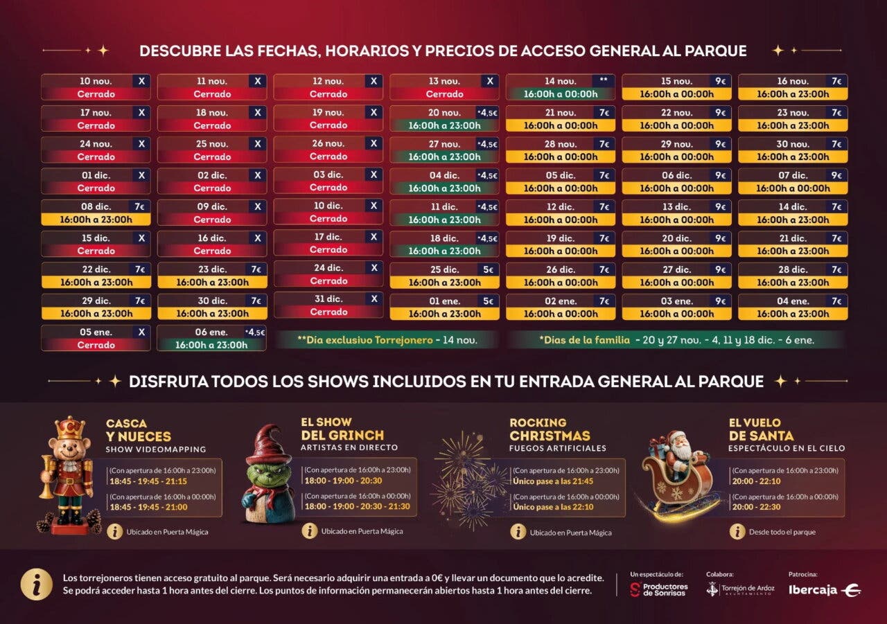 Mapa de horarios y precios del parque Mágicas Navidades en Torrejón de Ardoz