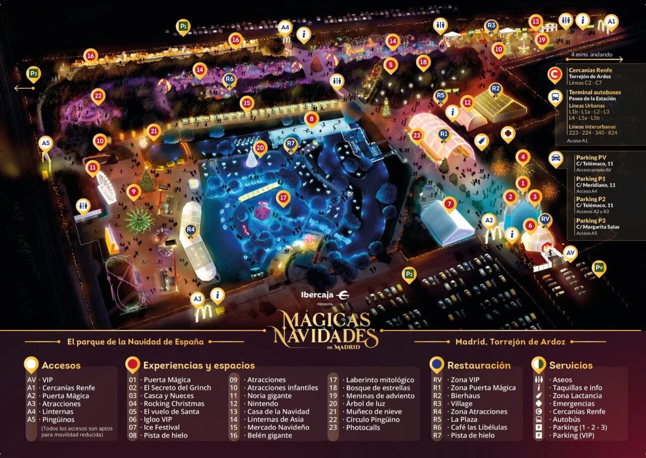 Mapa del Parque Mágicas Navidades en Torrejón de Ardoz con horarios y accesos.
