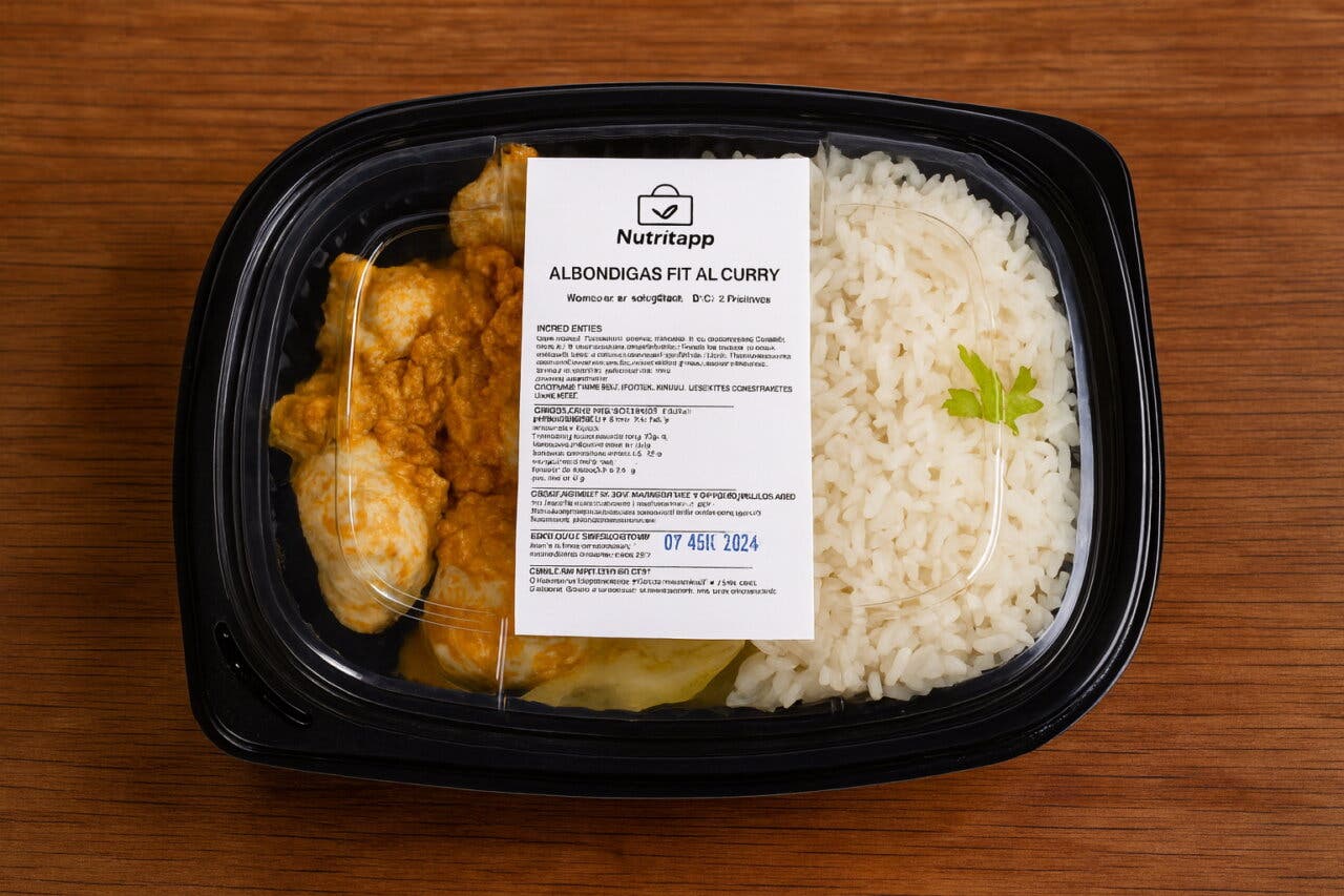 Tupper con albóndigas fit al curry y arroz blanco