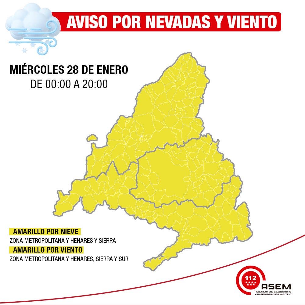 Mapa de aviso amarillo por nieve y viento en el Corredor del Henares