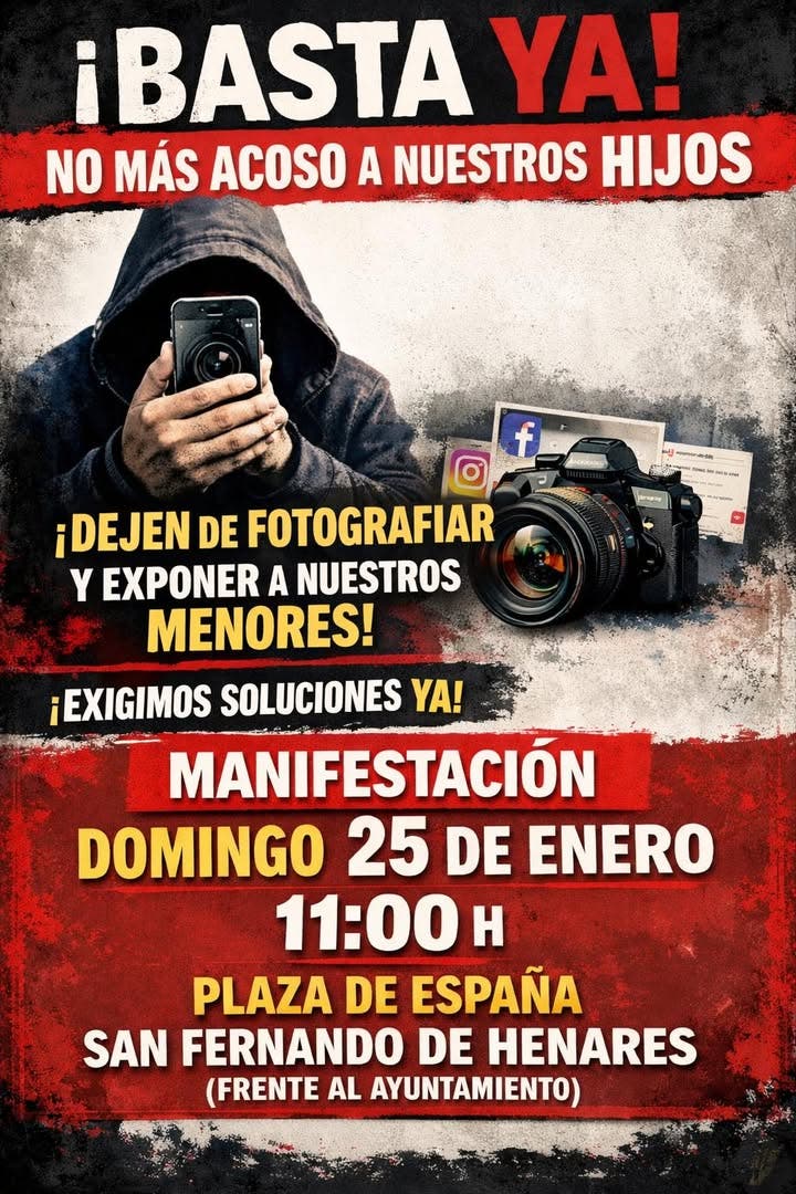 Cartel de manifestación contra el acoso a menores en San Fernando de Henares