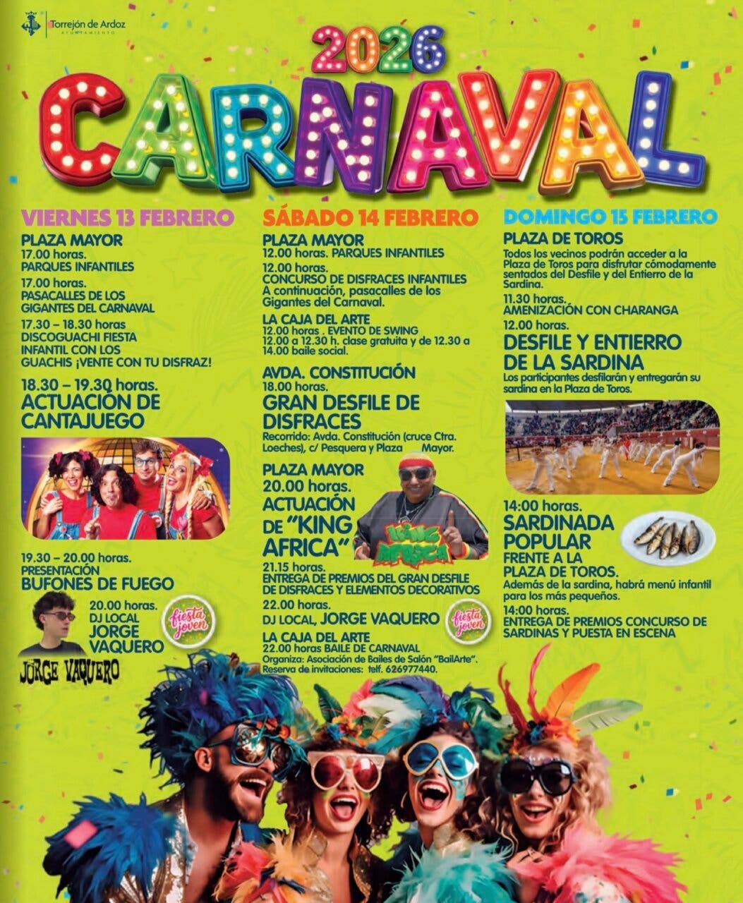 Cartel del Carnaval de Torrejón de Ardoz 2026 con actividades y conciertos