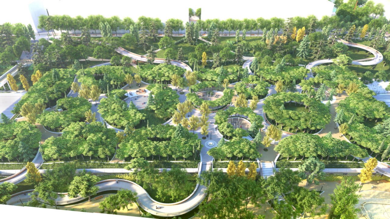 Vista aérea del diseño del Parque Ventas con áreas verdes y caminos